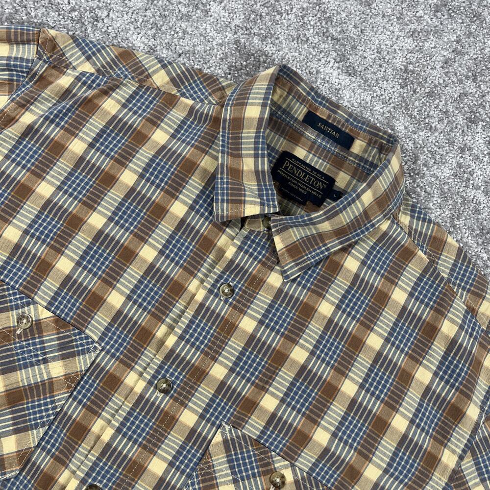 Pendleton Button Up Shirt Mens Large‎ Santiam Cotton Plaid Outdoors Brown